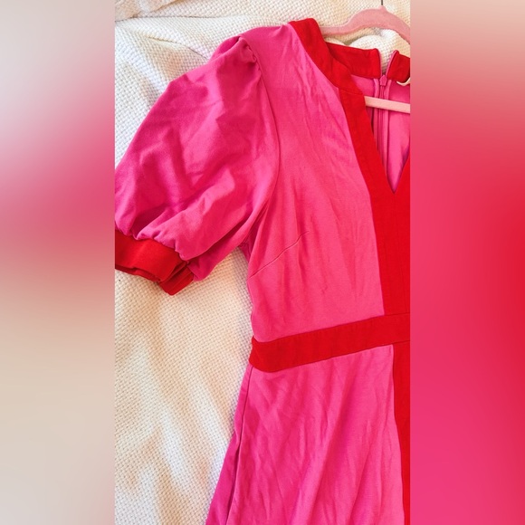 BODEN Petra Puff Sleeve Ponte Midi Dress Sangria Sunset Pink & Red Colorblock - Picture 8 of 15